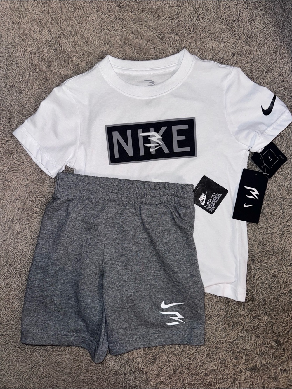Nike White Logo Tee with Gray Athletic Shorts Set